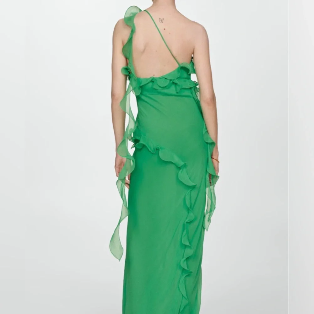 Mango Ruffled Green One-Shoulder Gown - Picture 4 of 9